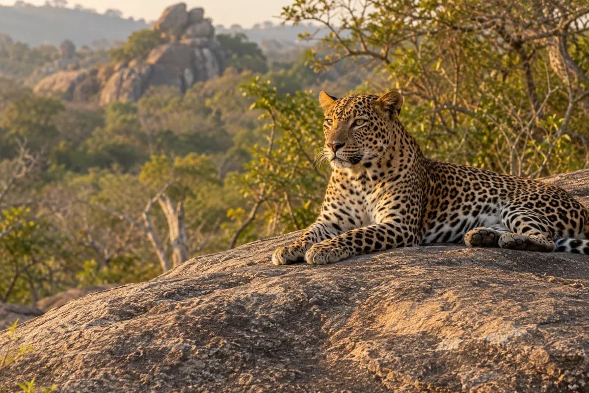 Illustrative Sri Lankan leopard resting on a granite outcrop