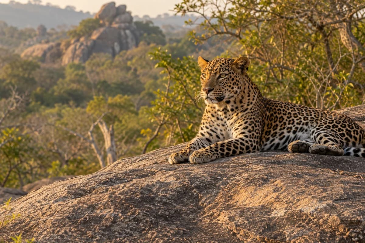 Illustrative Sri Lankan leopard resting on a granite outcrop