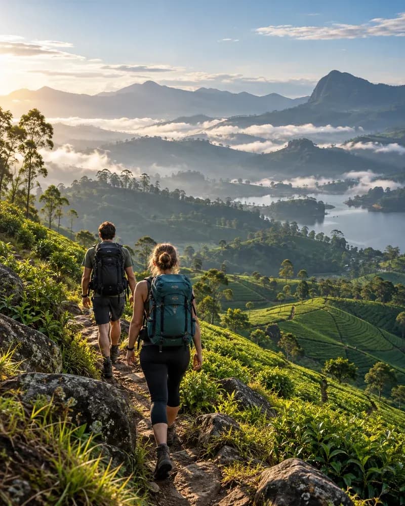 Hikers exploring Sri Lanka’s lush mountain landscapes