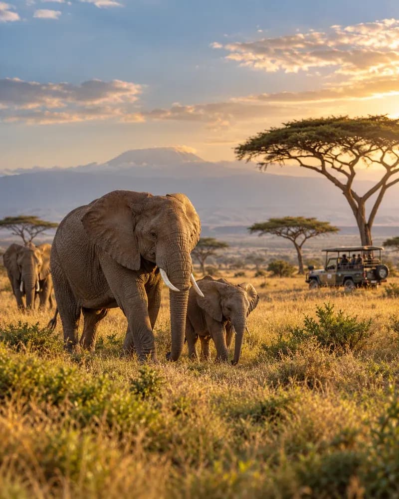 Elephants beneath acacia trees on Kenya’s savannah